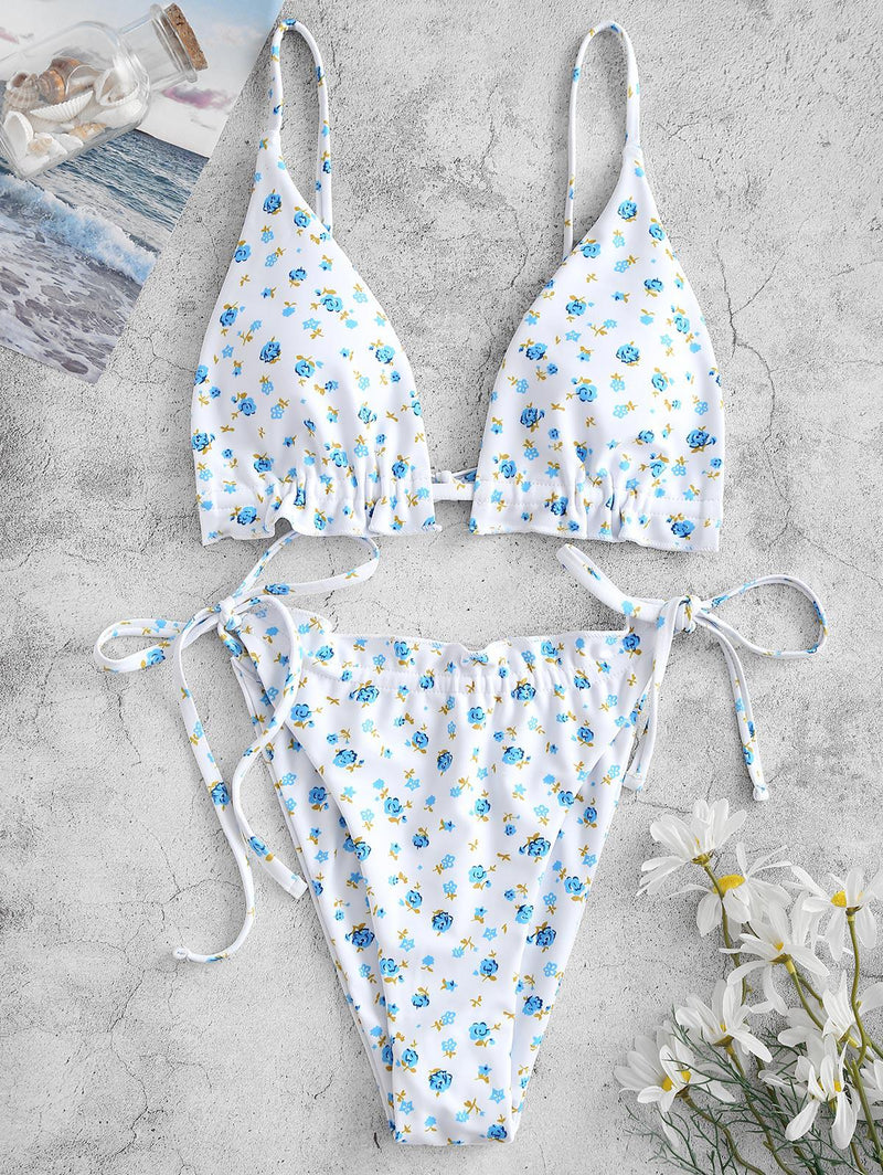 Bañador Bikini Light Blue de Tiro Ajustable Estampado