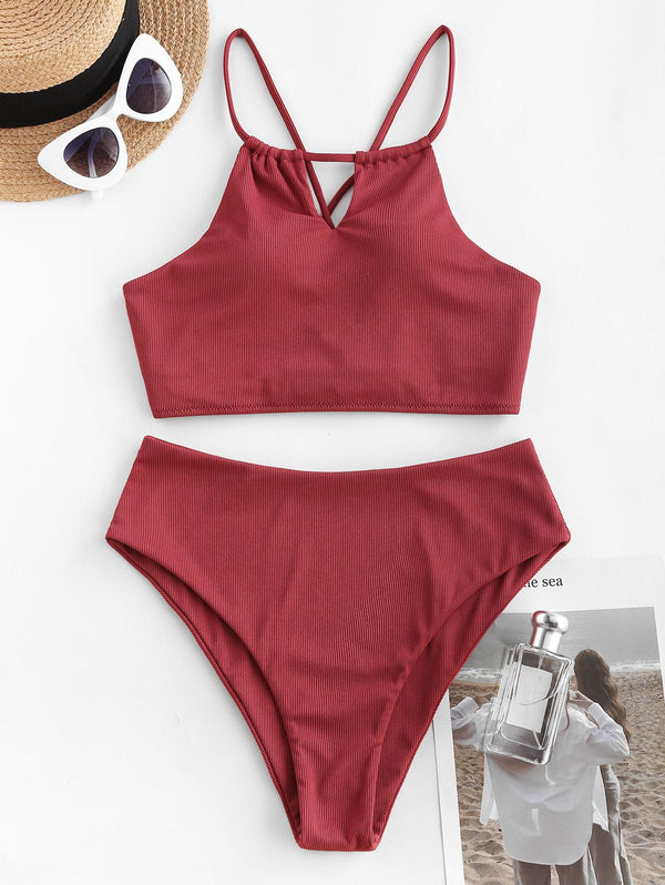 Bañador De Panty Alto y Top Halter Deep Red