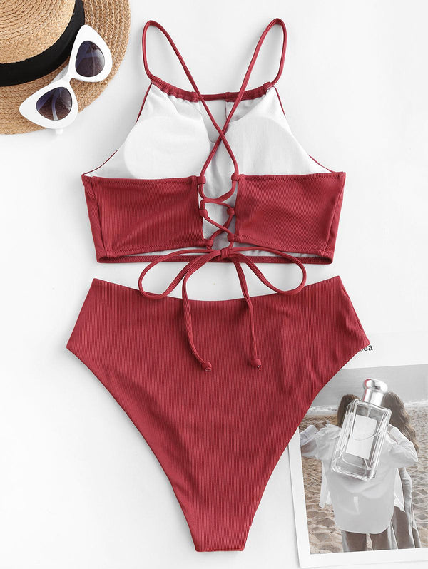 Bañador De Panty Alto y Top Halter Deep Red